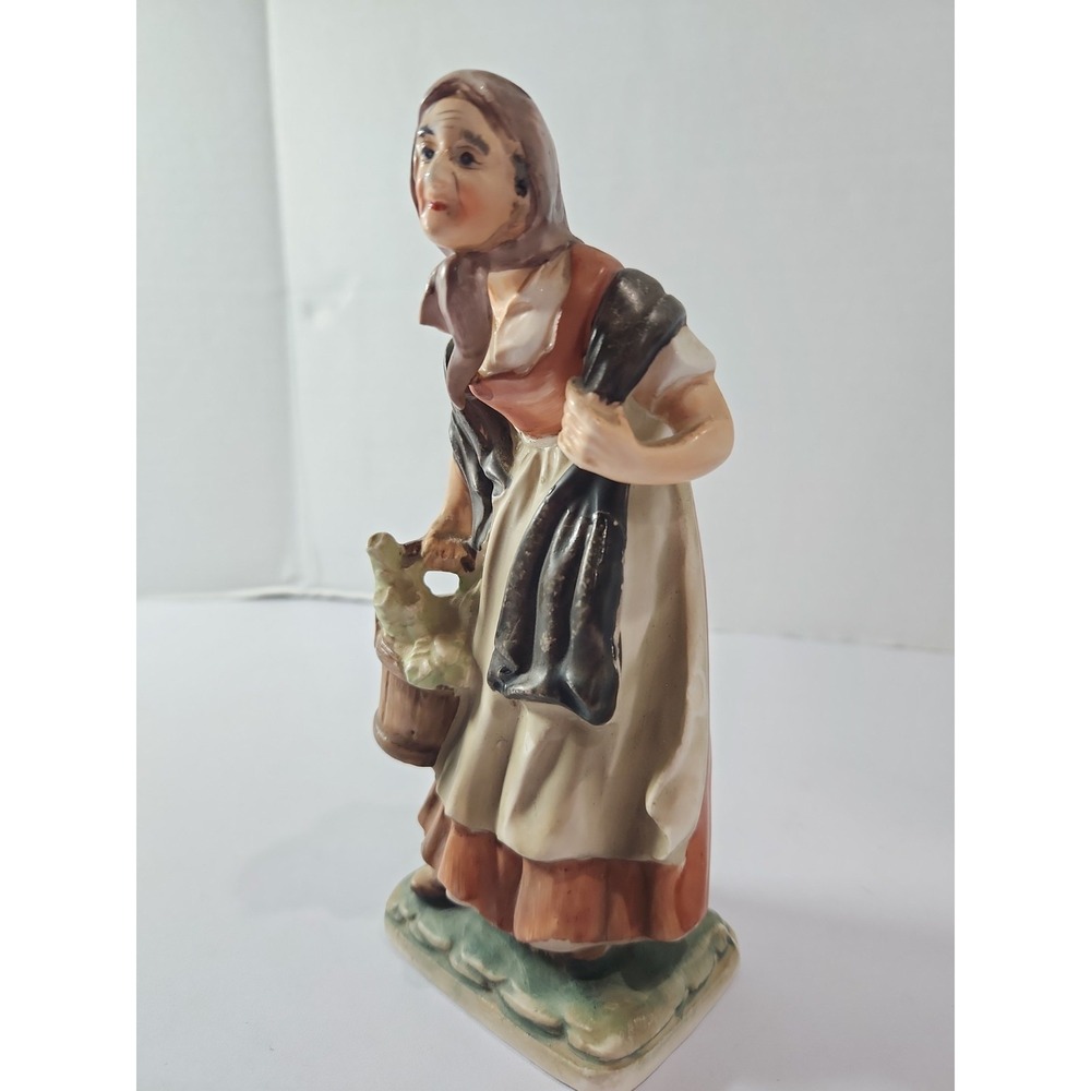 Vintage Porcelain Figurine Peasant Woman with Bucket and Shawl 7 Inch Made Japan